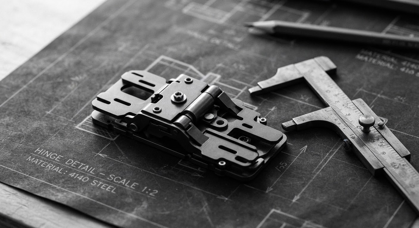 Steel hinge assembly on a technical drawing with calipers